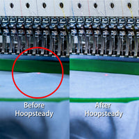 Green embroidery hoop and fabric shown before and after adding Hoopsteady support.