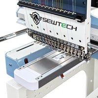 Hoopsteady support platform installed beside the cylinder arm of a Sew Tech embroidery machine.