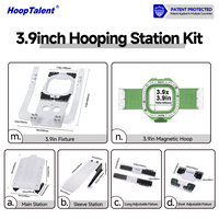 HoopTalent 3.9-inch hooping station kit contents with green magnetic hoop, main board, sleeve board and adjustable fixtures