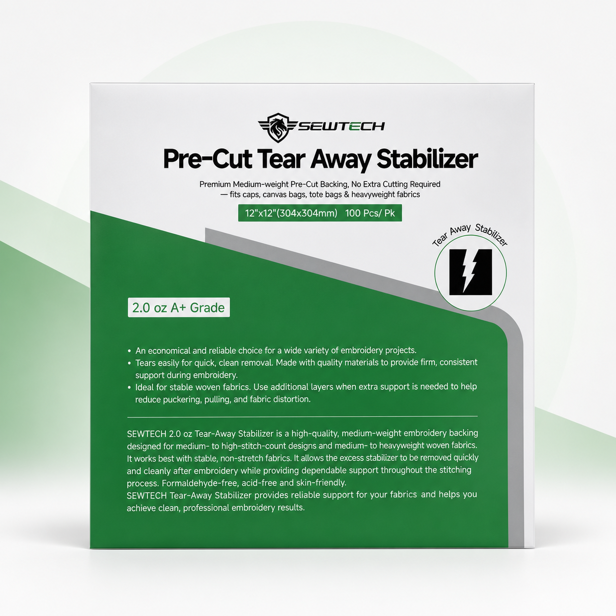 SEWTECH white tear-away embroidery stabilizer in 12 by 12 inch precut sheets