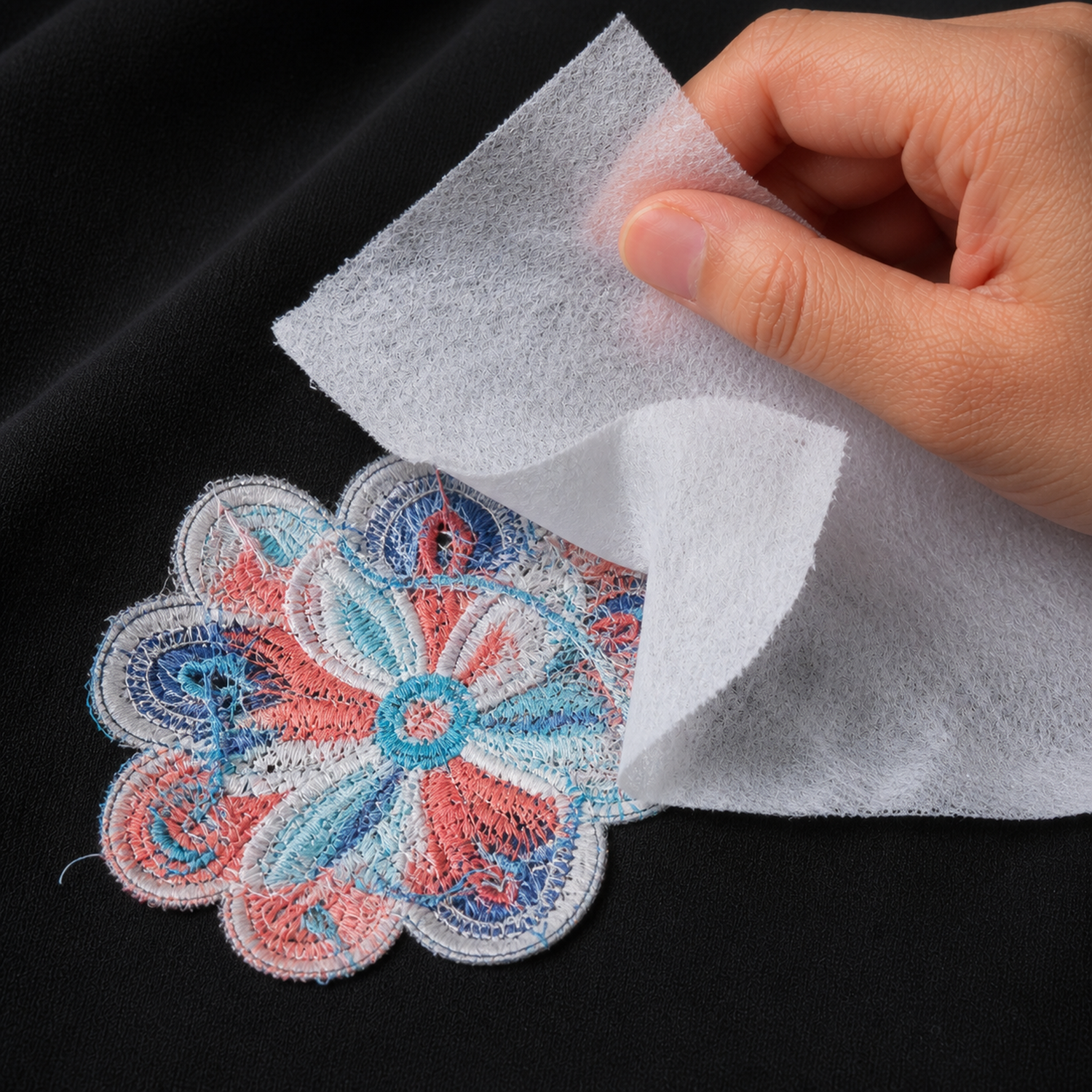 Reverse side of machine embroidery showing tear-away stabilizer support