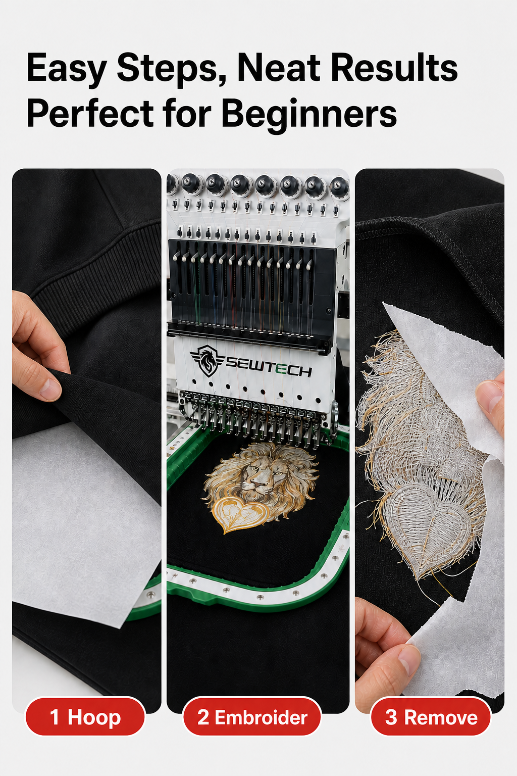 Three steps for using SEWTECH tear-away embroidery stabilizer: hoop, embroider and remove