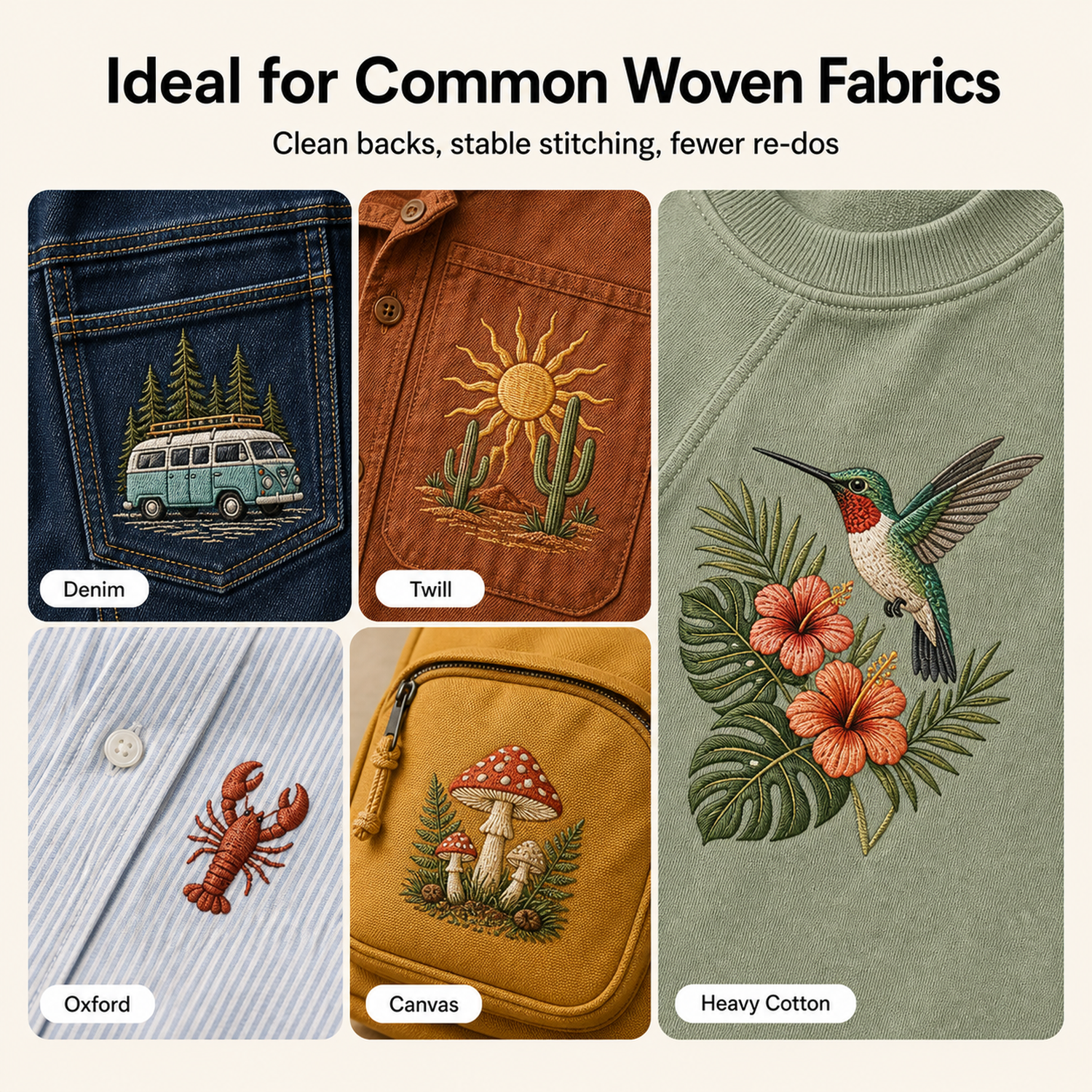 Examples of stable woven fabrics suitable for tear-away embroidery backing